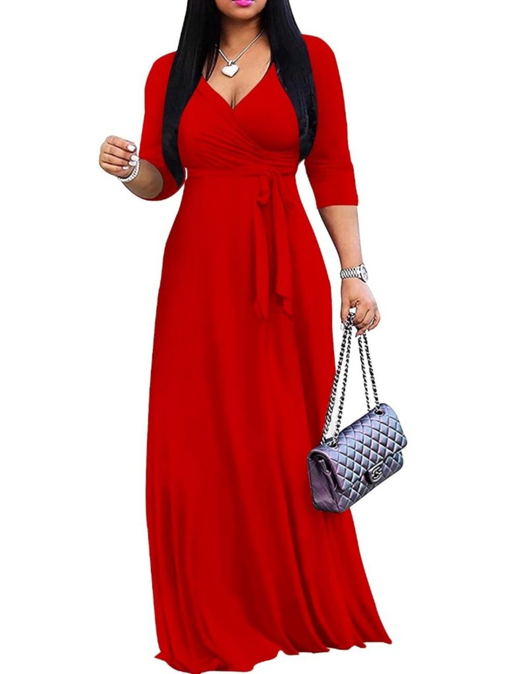 Plus Size Long Maxi Wrap Dress for Women - Summer V-Neck 3/4 Sleeve Sundress